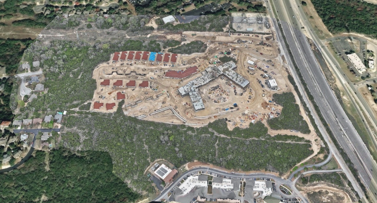 Bella Vida construction site showing the Memory Care building, Villas and Independent Living Tower.