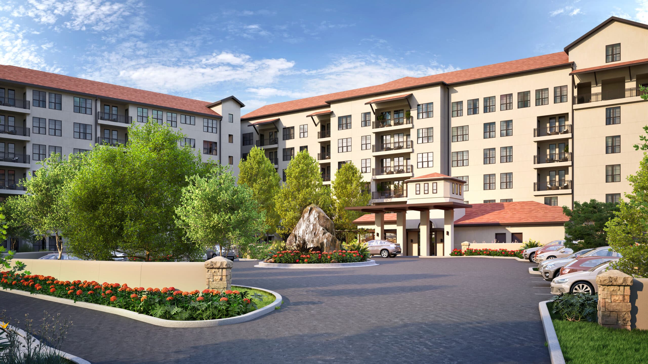 Bella Vida senior living community exterior rendering showcasing modern architecture, landscaped grounds, and welcoming entrance